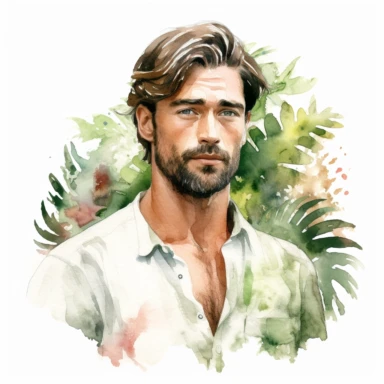 Watercolor drawing of handsome dreamy island man, watercolor clipart, white background, isolated on white, 8k, watercolor style