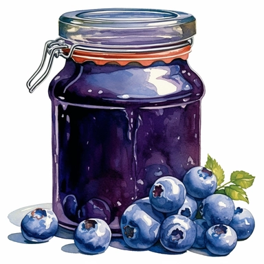 This highly detailed watercolor clipart showcases a charming jar filled with delectable blueberry preserves on a pristine white background. The artwork captures the essence of these rich and sweet preserves with remarkable precision. The jar is meticulously rendered, highlighting its glass texture, lid, and label. The vibrant purple color of the blueberry preserves is depicted with depth and richness, enticing viewers with its mouthwatering appeal. Against the clean white backdrop, this clipart 