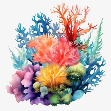 coral reef, underwater plants, colorful, watercolor clipart, white background, HD