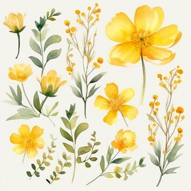 watercolor, handpainted yellow boho floral clipart, transparent background, spaced out--ar 3:2