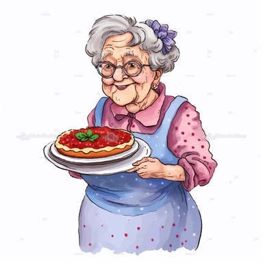Granny with cake, Grandma, illustration, extremely detailed, illustration clipart, on white background, watercolor