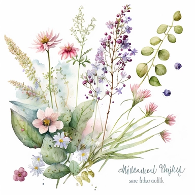 april wild flowers delicate Arrangement, watercolor, white background, feminine, clipart