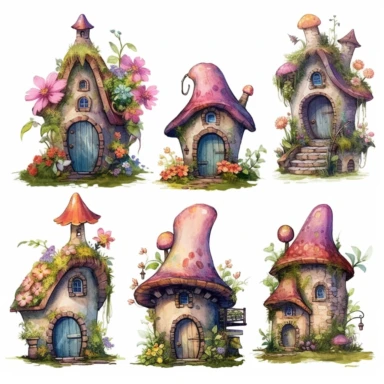 fairy houses, no shape muchroom, with colored flowers, clipart, isolated, aquarel
