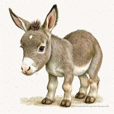 Cute - french style baby donkey smiling clipart, happy donkey, on all fours, 1960, in the style of realistic watercolors, childlike innocence and charm, adorable eyes, rosy cheeks, shy posture, feminine sensibilities, realistic drawing in storybook illustration, pencil drawing by Angela Barrett, Elsa Beskow 300 DPI, valentines day themed, white background