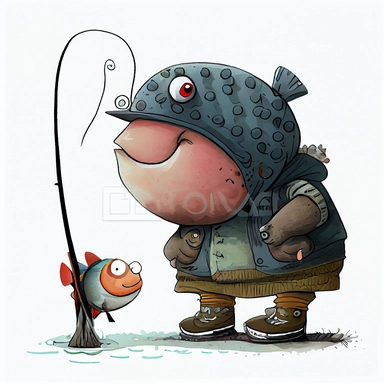 funny big sish going to fishing big fish, CLIPART, watercolor, ink, ultra-detailed, cartoon style, white background, black outside lines –testp,