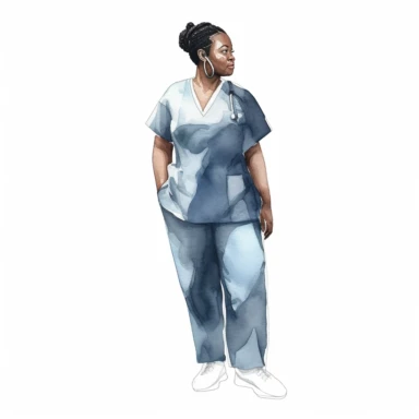 single black overweight woman nurse watercolor clipart. Full body