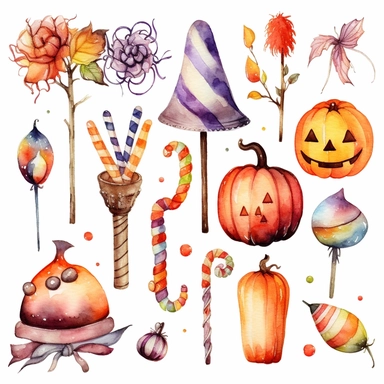beautiful loose watercolor, halloween clipart, a witch's broom , illustrations clipart set, simple, halloween colors , cartoon elements, different variants , candy cane, hollybell, bow, separate elements with a margin, on white backgound