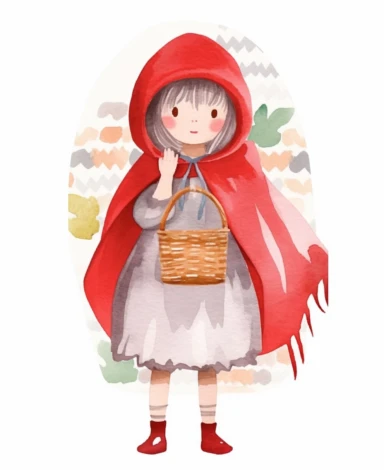 little red riding hood, watercolor clipart, minimalist, isolated white background, cute, 8k, spacing, full body,