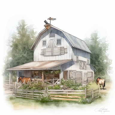 pretty white painted barn clipart, painted white, pretty charming farmyard setting with plants trees and farm accessories, fence, detailed watercolor illustration, light color palette, farmyard accessories, isolated on white background