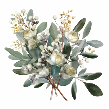 eucalyptus branches and leaves bouquet border clipart png transparent white background one object truly timeless elegance premium luxury ornate photo realistic honestly reality aesthetic consistent quality unique exquisite iridescence individuality array of colors rich treasured throughout the ages refinement symbolizing luxury glamour allure wonders of the nature mother of pearl luminous quality light in a myriad of enchanting colors royal jewelry delicate shimmer pearlescent effect polished so