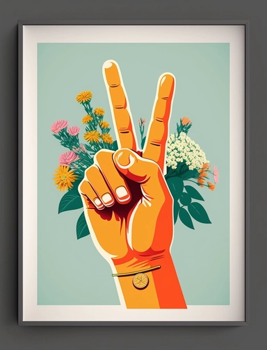 a hand showing a peace sign, framed with flowers, 70s inspired flat color clip art, retro,