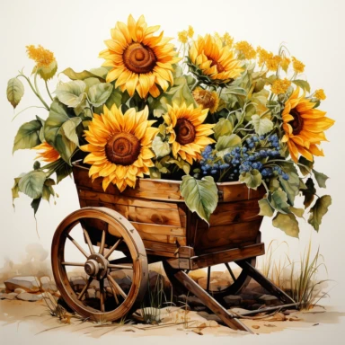 sunflowers in a wheelbarrow, in the style of photo realistic and hyper-detailed watercolor, sketchfab, ahmed morsi, realistic watercolor, use of common materials, handcrafted designs, clipart with white background