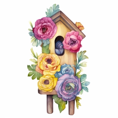 Design a dreamy watercolor clipart of japanese-inspired A mix of vibrant ranunculus flowers in a Wooden birdhouse planter composition, hand-painted with soft and graceful brushstrokes. Draw inspiration from the artistic finesse of Ethereal Petals Watercolors for a refined and ethereal depiction. isolated on a white background, hand-drawn illustration, hand-painted watercolor texture, 16k UHD resolution, intricately detailed, sharp focal points, designed by Ana Victoria Calderon and Holly Exley, 
