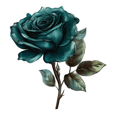 a watercolor of a realistic dark teal rose with branch, vibrant colors, Victorian Style, vector free clipart illustration, in the style of unreal engine 5, 32k uhd, detailed features, white background