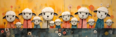 a row of cute miniature lambs, a collage of mixed media art made with tissue paper, magazine and newspaper clippings, oil paint, graphite pencil lines and fabric, in the style of playful surrealism, whimsical, washi tape
