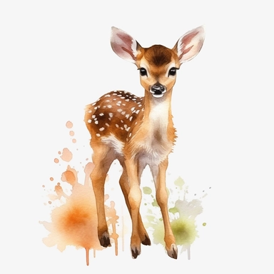 Watercolour animated whimsical cute baby woodland deer beautifully detailed perfect facial features four perfect legs and hooves Bambi inspired ultra highly detailed, 18k, sharp focus, bright photo with rich colours digitally enhanced, enhanced graphics, straight, sharp focus, bright lighting, intricate detailed png image ,high definition,300dpi,graphic clipart,computer graphics