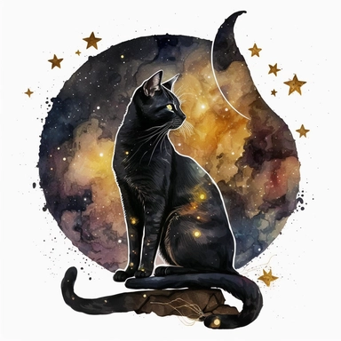 a sitting skinny pagan black cat in front of big starry sky portret, clipart, moon, watercolors, white background, stars, planets, galaxy, magical, ornaments, little golden stars, full body, pictorial space, sparky, golden glitter, oraneg eyes, use Cool Color Palette