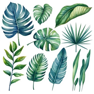 palm leaves set, watercolor botanical painting, jungle illustrations, monstera and banana leaf, clipart, pure whith background