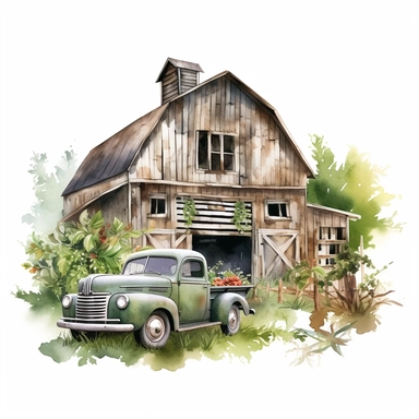 watercolor rustic farm barn with rustic car clipart, white background