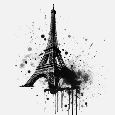 eiffel tower ink splatter on white background, clipart, sticker, minimalist, simple, black and white