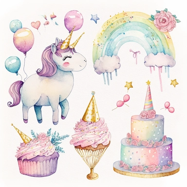 Birthday Day clipart, fairy tale, love, pastel colors, gift, aesthetic, watercolor, glitter, on isolated clean Vivid white background ,No paper texture