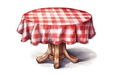 realistic watercolor red gingham tablecloth draped over a round table clipart, hd, detailed, on white background, spaced out