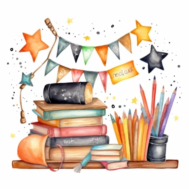 Whimsical watercolor clipart, back to school banner, set of graphics, including black board, stack of books, stationery items in a rusty cup, paint, notebook, bunting, stars and dots, white background