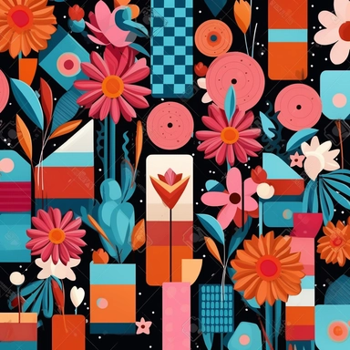 Quirky Whimsical Magical Seamless Pattern Volumous Flowers mix with rectangle, triangle, circle, square Clipart Cartoon, 3D, hrd, 8K, high resolutions