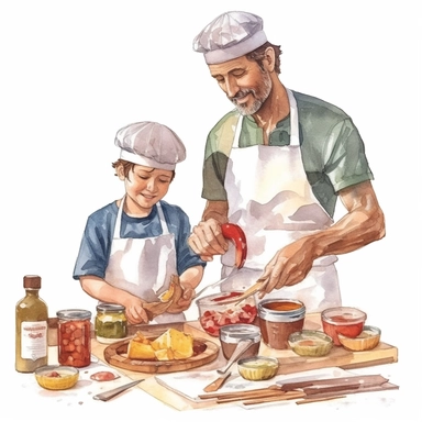 A father and son cooking together in the kitchen, wearing chef hats and aprons, Watercolor, Clipart, detailed, high resolution, transparent background PNG