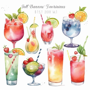 Create an extraordinary collection of ultra-detailed watercolor cocktail clipart, showcasing a variety of refreshing and colorful summer drinks. Each illustration should capture the vibrancy and freshness of summer, featuring enticing fruit drinks and cocktails with intricate details and realistic textures. Utilize the watercolor technique to infuse the clipart with a lively and artistic feel, allowing the vibrant hues to blend seamlessly on the canvas. Highlight the unique characteristics of ea