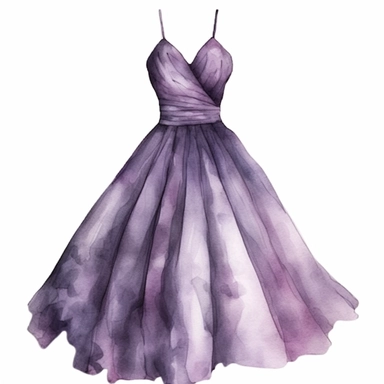 Watercolor purple elegant party dress drawing, illustration clipart, high detailed, white background, digital art