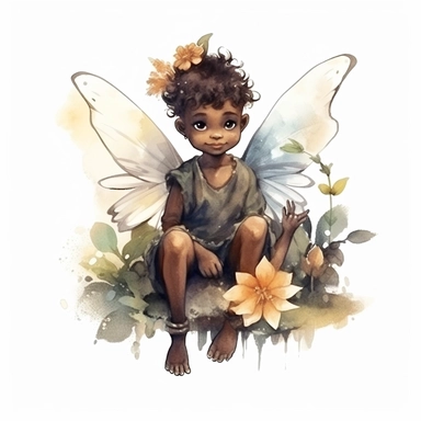 ultra beautiful cute baby boy black skin fairy elf, pixie with beautiful buttefly style wings in a sitting position holding a flower in the woods clipart, water color illustration, mary cecily baker style