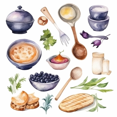 Watercolor set with food ingredients for cooking and baking. Culinary clipart isolated on white background. Hand drawn cooking elements. Delicate colours