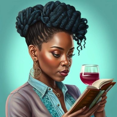 Beautiful African American woman, reading a book, braid updo hairstyle hyper realistic, intricate detail, wearing cyan blouse and denim jeans, sipping a glass of red moscato, clipart