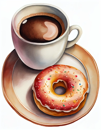 detailed watercolor a dougnut on a plate beside a cup of coffee, isolated on a white background, realistic, clipart