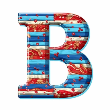 isolated flat clipart on a white background of a cute letter B on a blue background and red horizontal stripes tshirt design graphic, in the style of daniel f. gerhartz, transcendent, nikon d850, art of burma, captures the essence of nature, in the style of organic forms and patterns, expansive skies, hyper-detailed illustrations, i can't believe how beautiful this is, lively colors