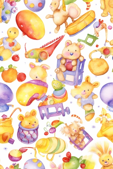 A delightful watercolor clipart seamless pattern featuring whimsical baby toys and accessories (medium: digital illustration)(style: inspired by the works of Beatrix Potter and Margaret Tarrant)(lighting: bright and cheerful with bold contrasts)(colors: vibrant hues of yellow, orange, and purple)(composition: a repeating pattern of fun baby items, such as mobiles, rattles, and teethers, with a watercolor effect that adds a whimsical touch, captured with a high-quality camera and a wide-angle len
