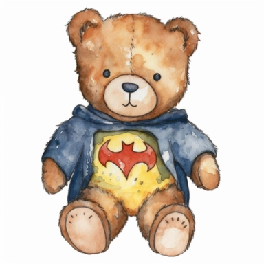 watercolor clipart super cute baby teddybear in superhero Batman Clothes, Neal Adams