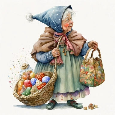 la befana the Italian christmas witch, bag of toys, sweets, folklore, watercolor, white background, clipart