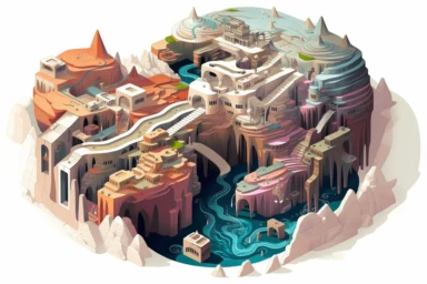 a close up of a infinite loop open pit mine on a white background, james gilleard and james jean, escher, trending on artisation, connectedness, scutoid, mit technology review, by Sam Spratt, dan mcpharlin : : ornate, wormholes, tetris, monolithic, stylized stl, clipart icon, simple 4 colors from gray to metalic blue, vector-based, sharp border, plane color and very define, high quality, digital art, 8k resolution, masterpiece, congruent, amazing, incredible, awe-inspiring, mind-blowing, masterf