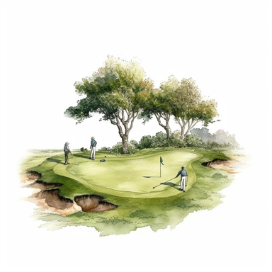 Idyllic watercolor clipart of a perfectly striped putting green scene with golfers in Springtime, isolated on a pure white background, insane detail,
