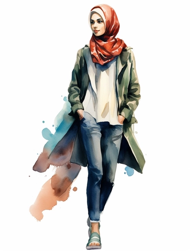 modern woman with hijab, looking away, shoes, watercolor, white background, clipart