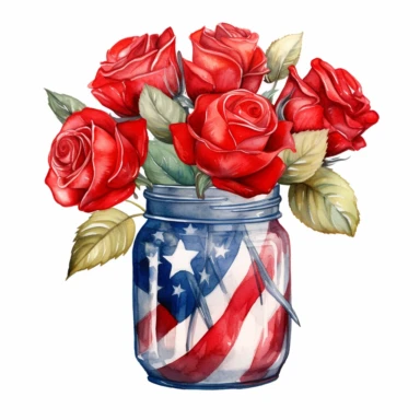 a realistic Watercolor Patriotic Roses in a glass jar Clipart