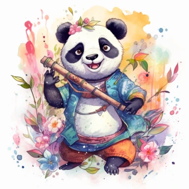 a happy panda with a bamboo shoot and a martial arts belt, depicted in a whimsical, watercolor, surrounded by colorful flowers and butterflies. The mood of the artwork is cheerful and playful, with a soft pastel color palette. The lighting style is bright and sunny, evoking a warm and inviting feeling. clipart design graphic, vector, contour, super cute, isolated white background, high quality, 2d, flat