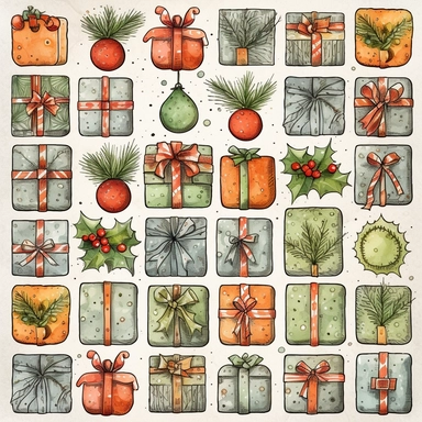 Watercolor line art, little squares filled with doodly patterns of  xmas ,ornaments and decorations , illustrations clipart set, simple, christmas colors , cartoon elements, different variants , stocking, bubble ornaments, mistletoe, holly, wreath, modern art, separate elements with a margin