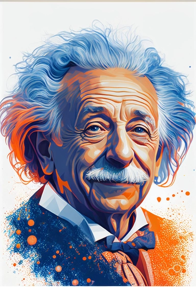 in the style of Norman Rockwell, Epic hyperréaliste d’Albert Einstein smiling, in orange and blue colors, white background, magical, fantasy, vector, clipart, elaborate, ultra-detailed, best quality, well composed, vibrant color tone, trending on artstation, elaborate, cinematic lighting, high definition