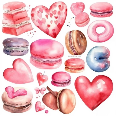 Valentine's day watercolor clipart, Pink sweets cookies, Cute love candy heart, Donuts, Cupcake, macarons, marshmallows, sugar, chocolate