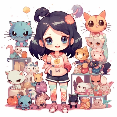 Endearing kitten clipart, displaying an array of adorable kittens in playful and curious poses, accompanied by various cat toys and accessories in the style of hikari shimoda