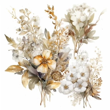 intricate three small bouquets of different white wild fall flowers with golden detail watercolor clipart, luxurious textures, nature-inspired pieces, very high resolution, white background