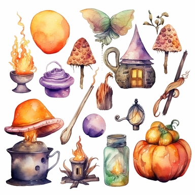 Halloween watercolor clipart postcard elements sweets, pumpkin, bones, lollipop, eyeball, witch hat, cauldron, haunted house, skull, coffin, potions, Magic ball